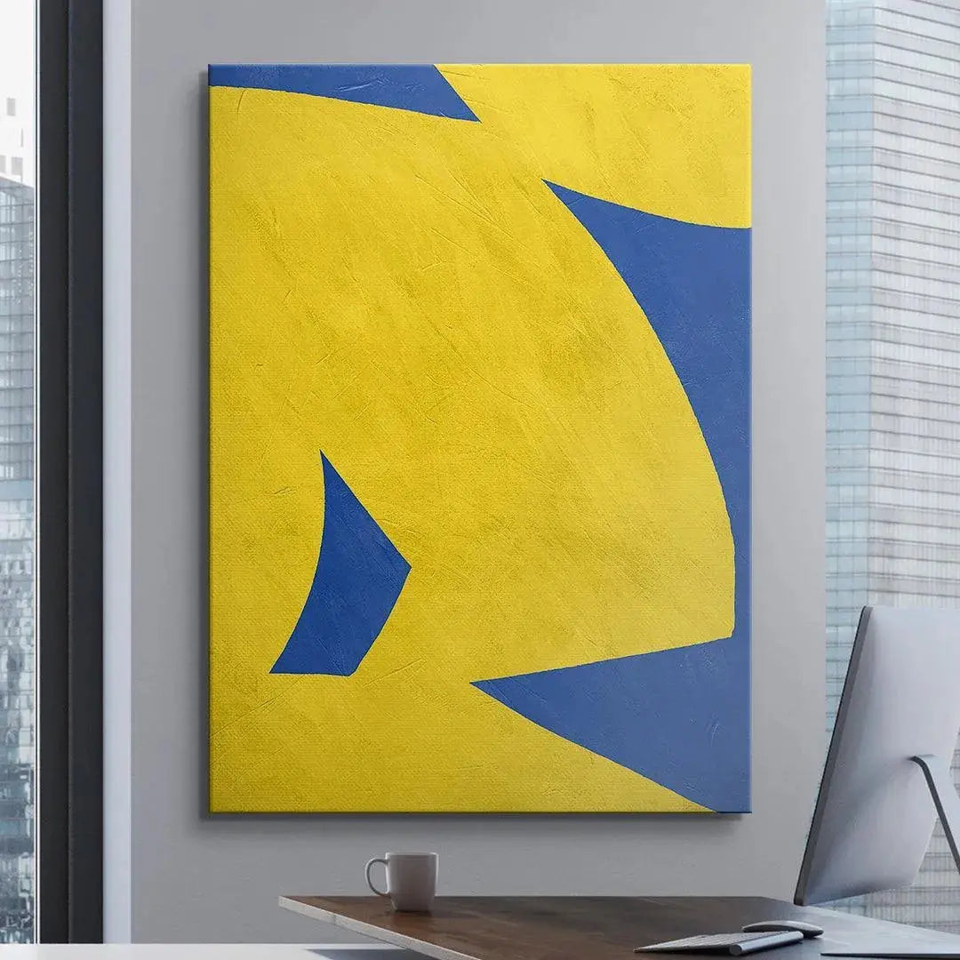 Corner detail of Colliding Shapes Yellow N.4, highlighting the sharp intersection of yellow and blue triangles.