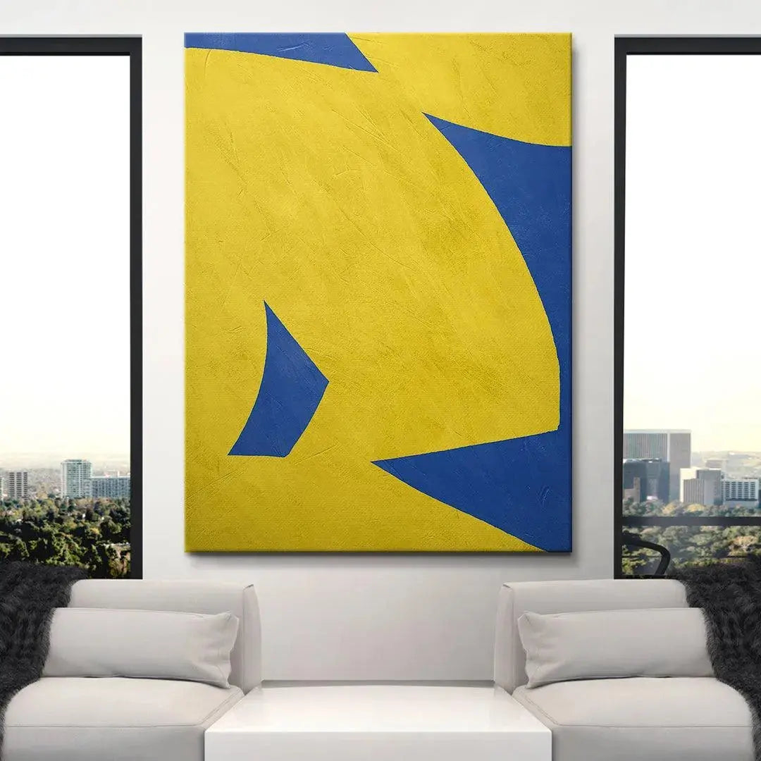 Colliding Shapes Yellow N.4 showing the rich, deep cobalt blue segments against the bright yellow field.