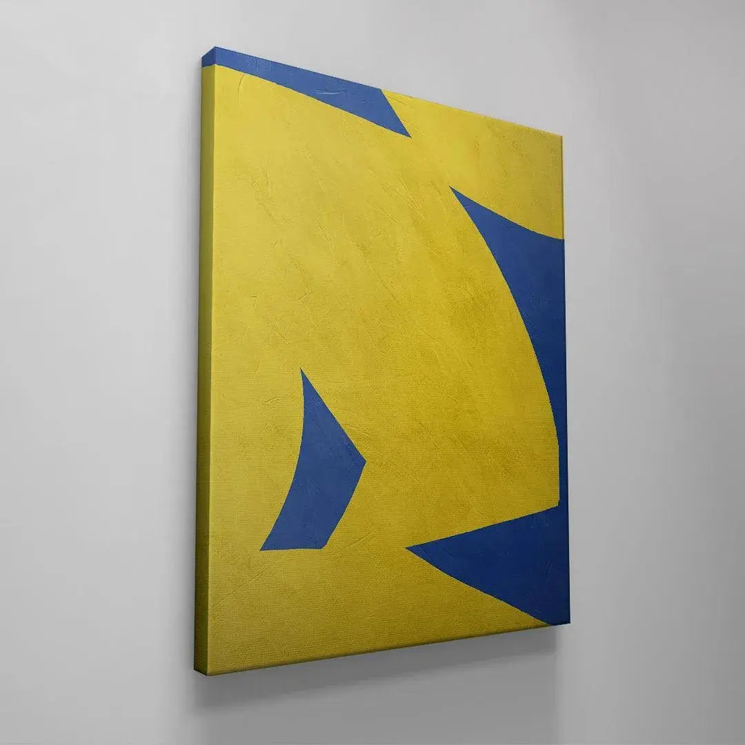 Studio shot of Colliding Shapes Yellow N.4, emphasizing the canvas edge depth and professional finish.
