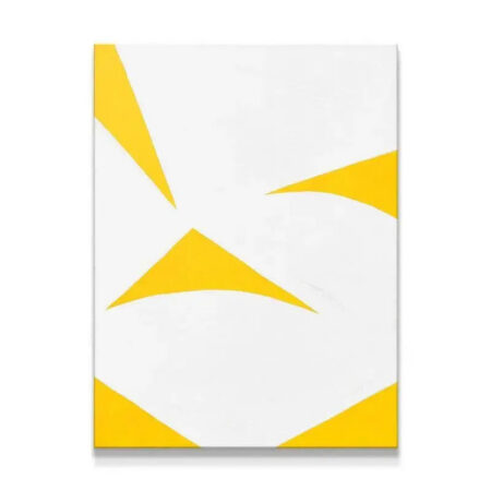 Full canvas view of the minimalist artwork Colliding Shapes Yellow N.6, featuring four dynamic yellow triangles.