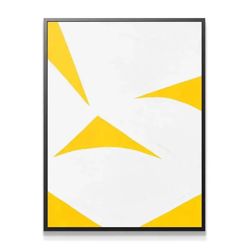 Close-up detail showing the textured brushstrokes on the white background of Colliding Shapes Yellow N.6.