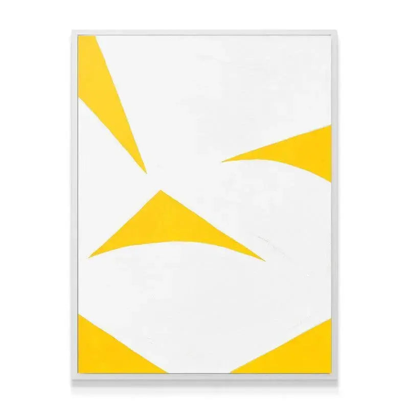 Conceptual shot of Colliding Shapes Yellow N.6 hung in a modern, brightly lit living room setting.