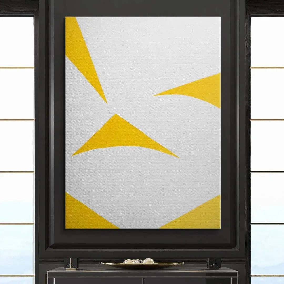 Corner detail of Colliding Shapes Yellow N.6 highlighting the sharp edges of the geometric yellow shape.