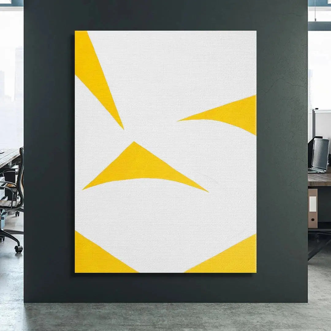 Angled view capturing the slight shadow cast by the frame of the Colliding Shapes Yellow N.6 print.