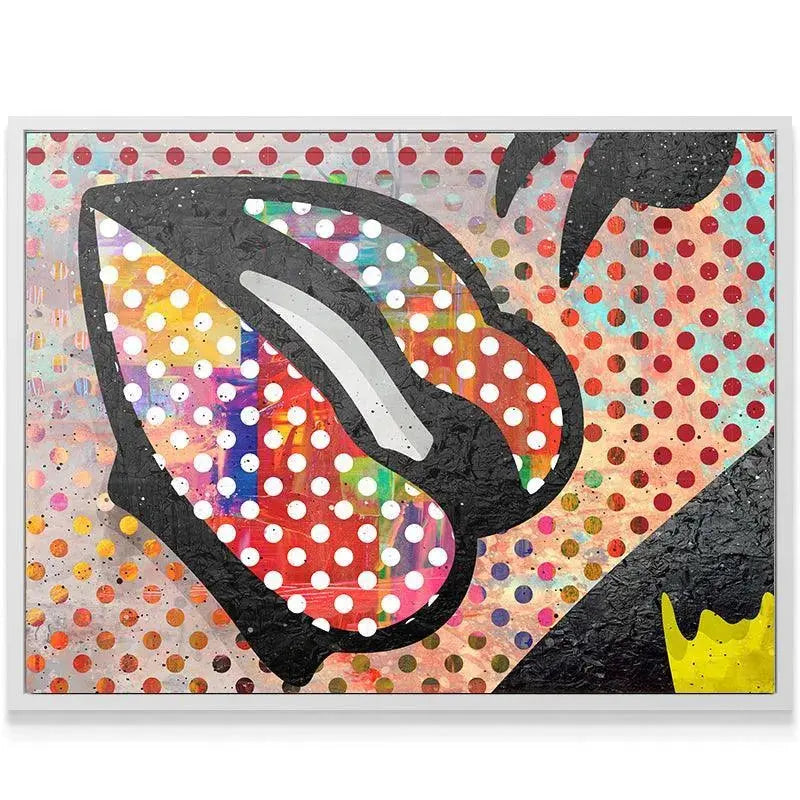 Urban graffiti-style Colorful Lips artwork utilizing a Ben-Day dot pattern over a rainbow background.