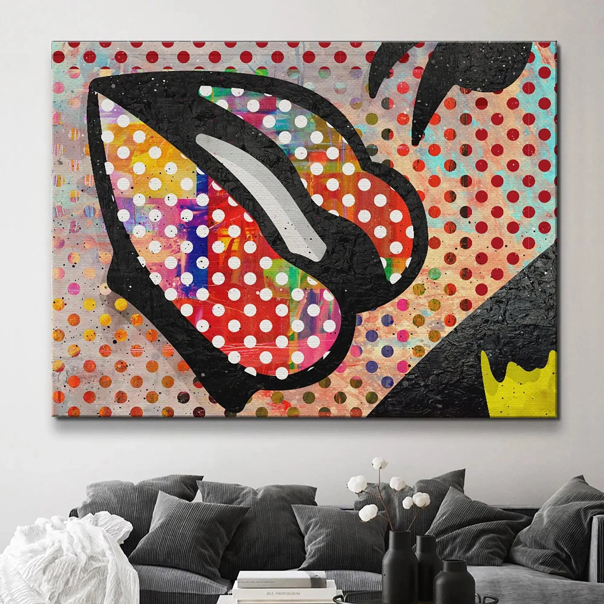 Detailed shot highlighting the mixed media layering and color saturation within the Colorful Lips painting.