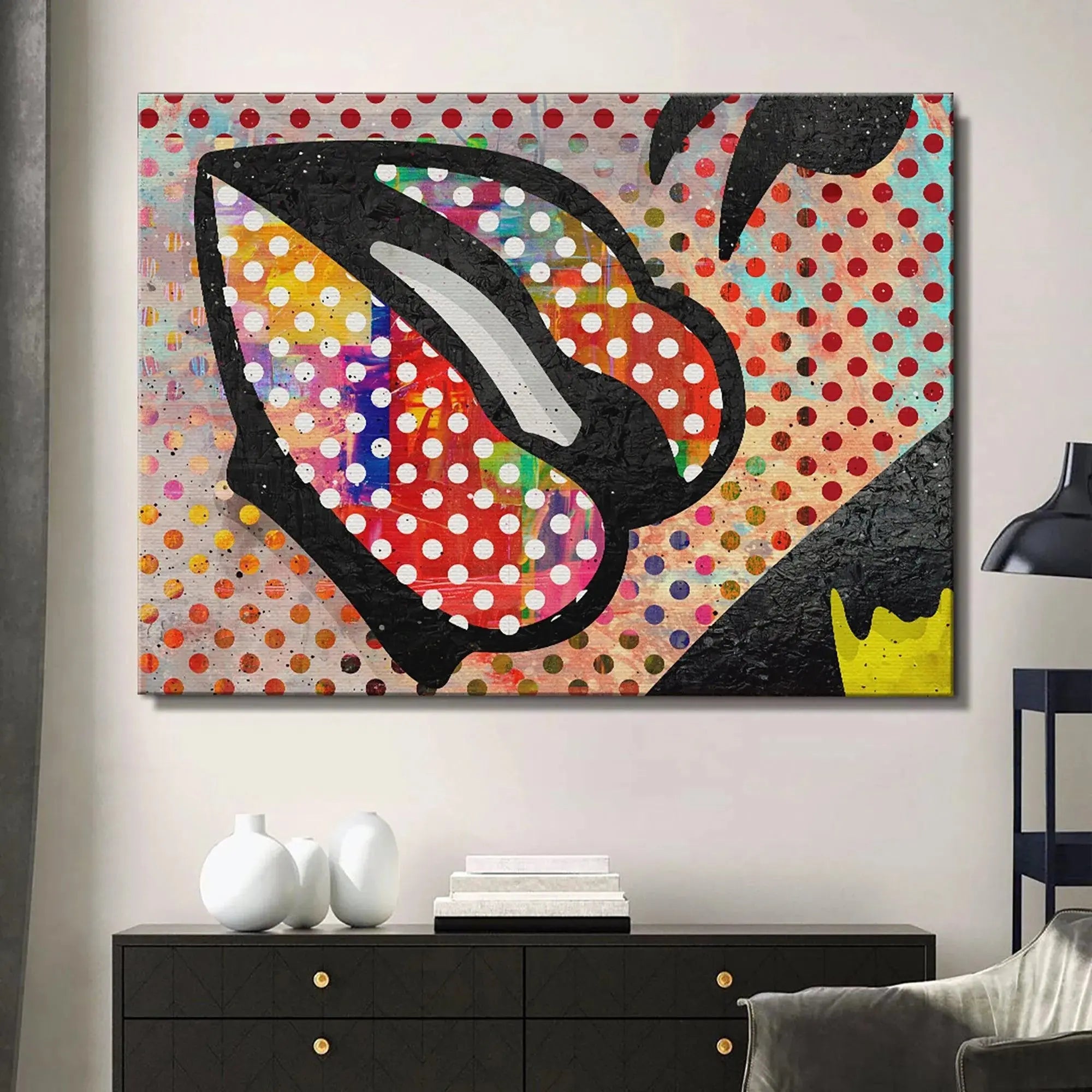 Macro perspective showing the intense red and white polka dots filling the interior of the Colorful Lips design.