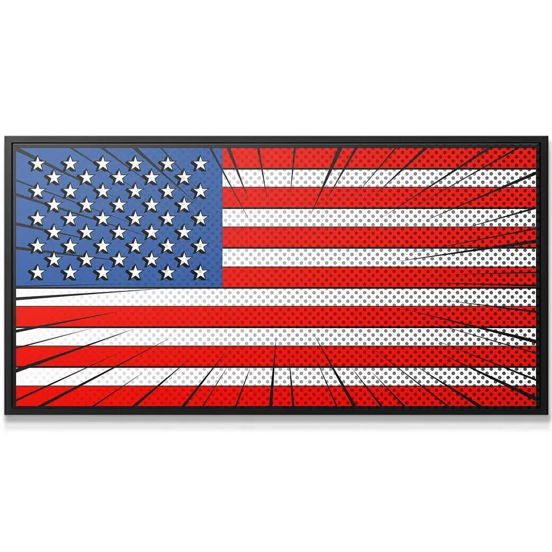 Full horizontal view of the Comic USA Flag showing radiating speed lines and comic crackle effect.