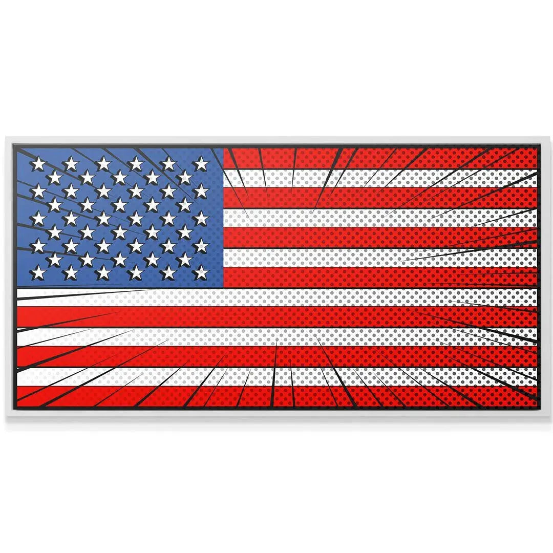 Angled perspective shot of the framed Comic USA Flag art mounted in a modern living room setting.