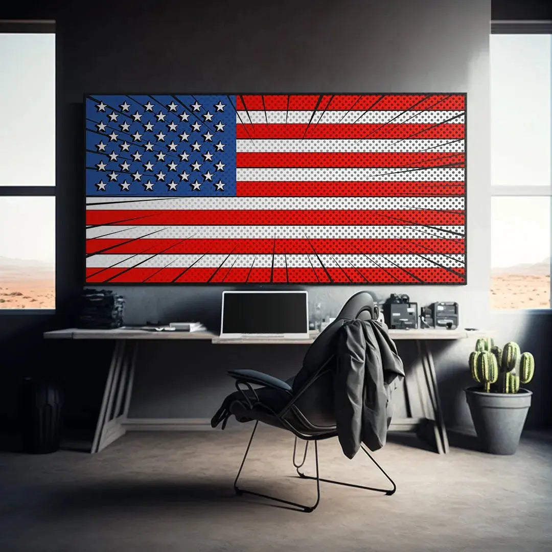 Detailed macro view highlighting the Ben-Day dot pattern of the red stripes on the Comic USA Flag.