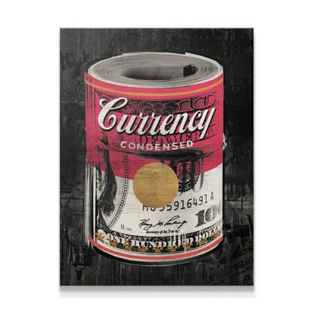 Full frontal view of the 'Condensed Currency' can art on a black, distressed background, emphasizing contrast.