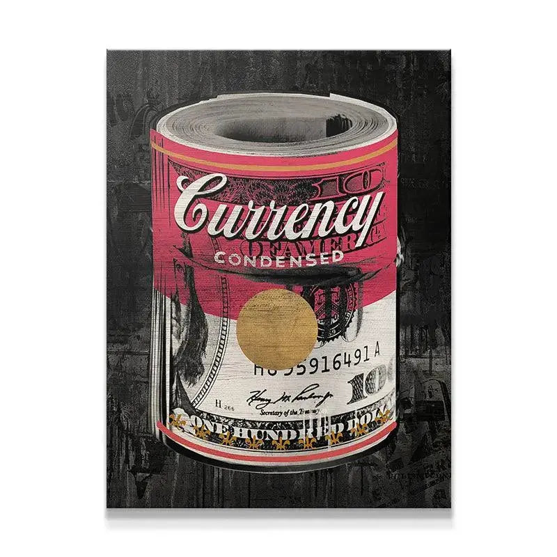 Full frontal view of the 'Condensed Currency' can art on a black, distressed background, emphasizing contrast.