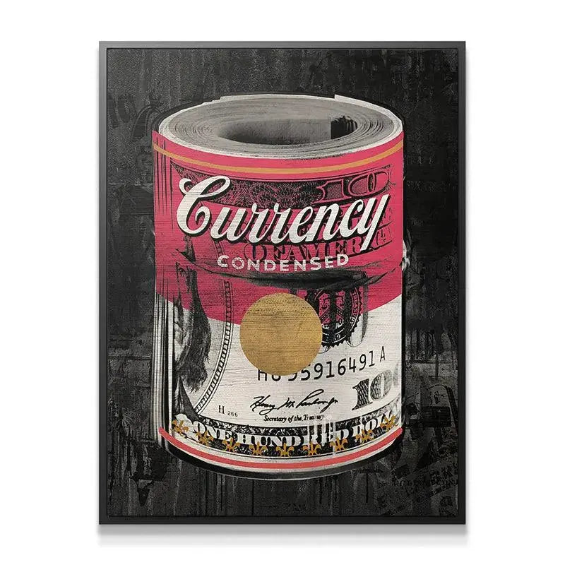 Close-up detail showing the texture and layered typography of the 'Condensed Currency' script on the pink label.