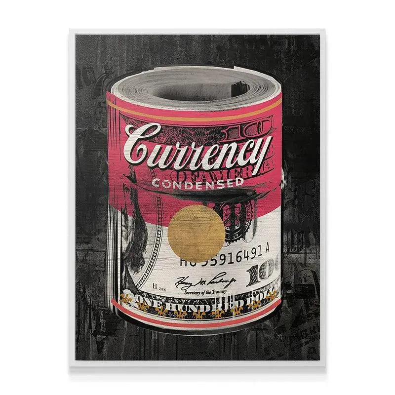 Oblique angle perspective of the rolled hundred-dollar bill design wrapping the 'Condensed Currency' can.