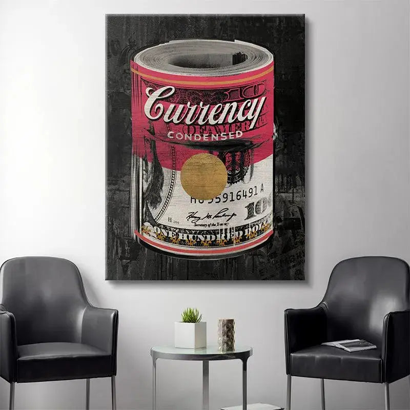 Lifestyle shot of the large format 'Condensed Currency' print displayed in a stylish, minimalist apartment setting.