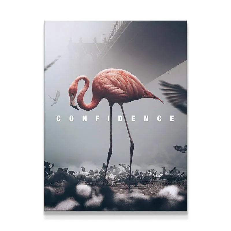 Full shot of the flamingo print demonstrating true Confidence amidst the pigeons.