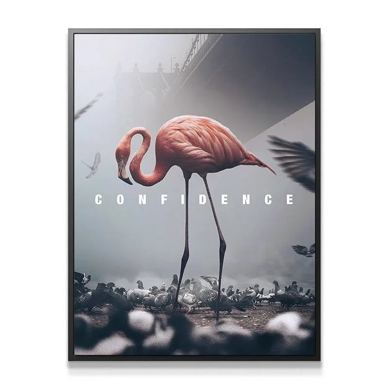 Detailed close-up showing the texture and feather details of the pink flamingo, emphasizing Confidence.