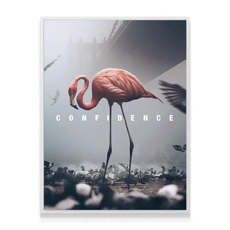A wide-angle view highlighting the massive bridge structure looming over the bird and the word Confidence.