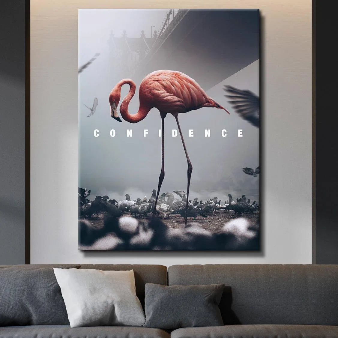 Low-angle perspective focusing on the flamingo's long legs and neck posture, symbolizing powerful Confidence.