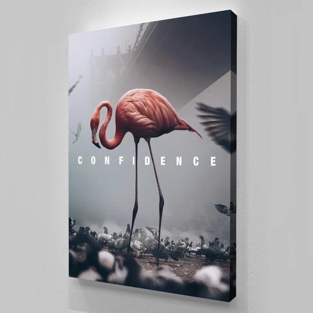 The contrast between the vibrant pink flamingo and the gray flock of pigeons below, showcasing powerful Confidence.