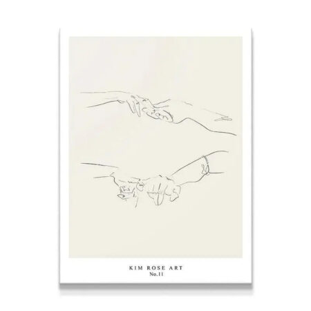Close-up shot emphasizing the delicate finger and ring details of the 'Connection - White' line drawing.