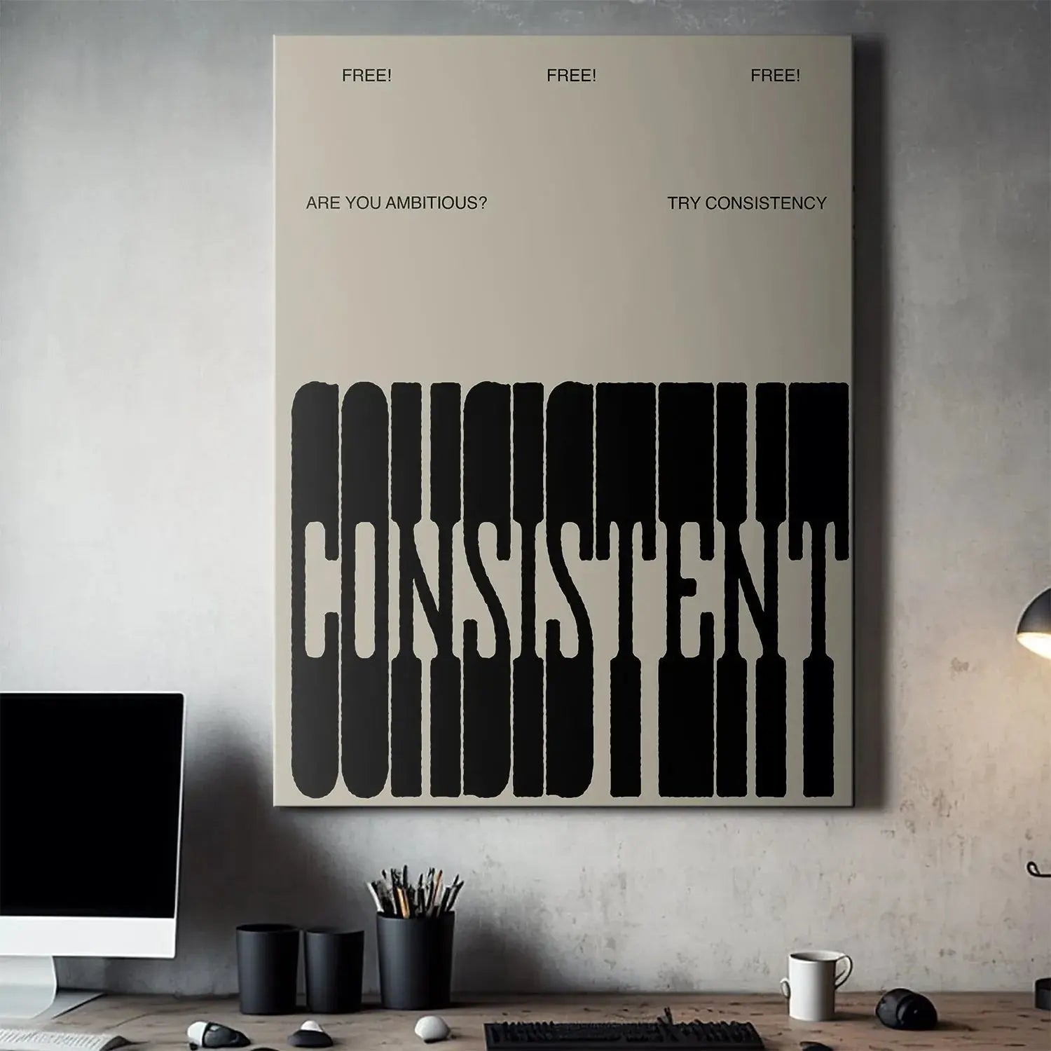 Lifestyle image featuring the 'Consistent - Slab' artwork above a minimalist desk.