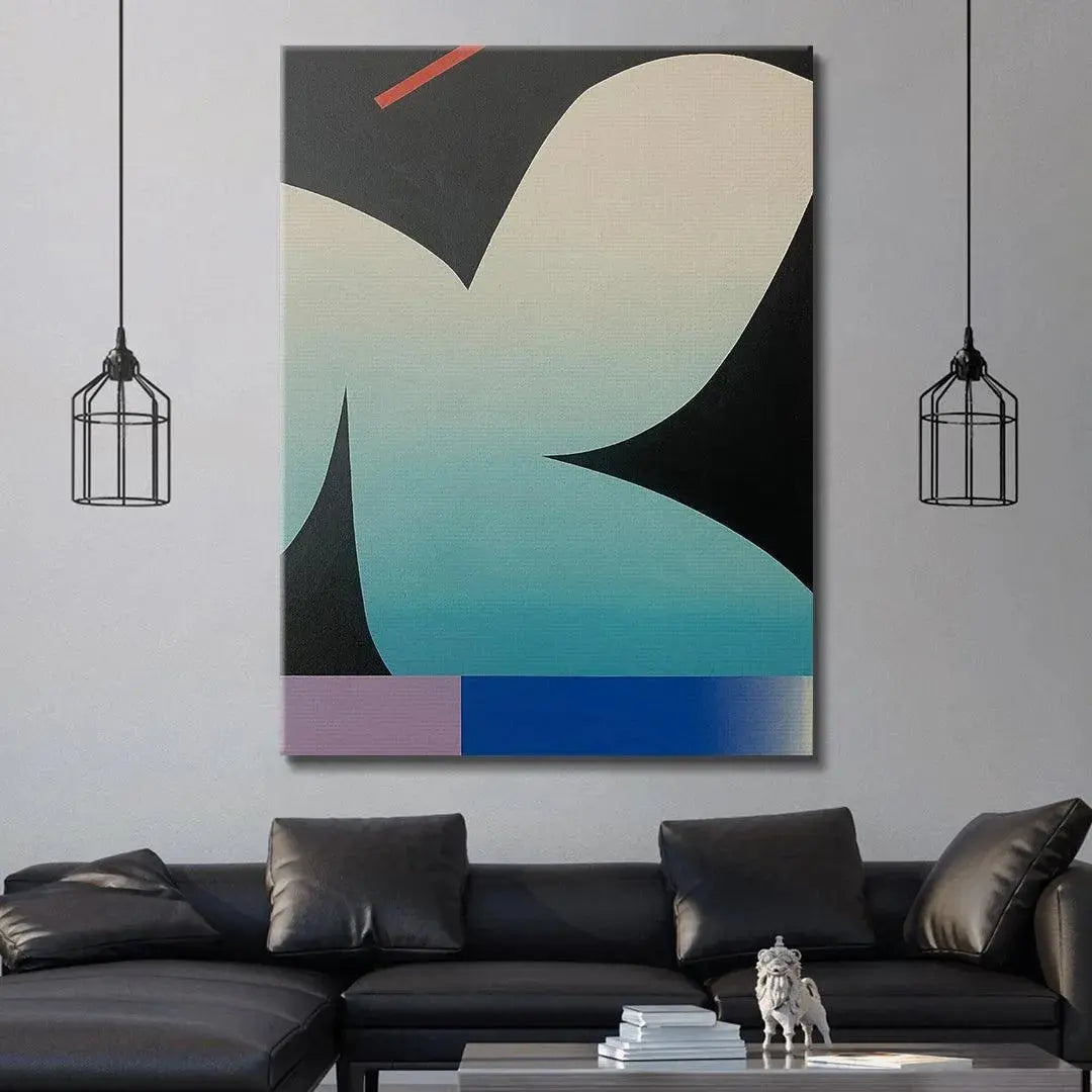 “Convergence” contemporary wall art displayed in a minimalist, modern living room setting (lifestyle angle).
