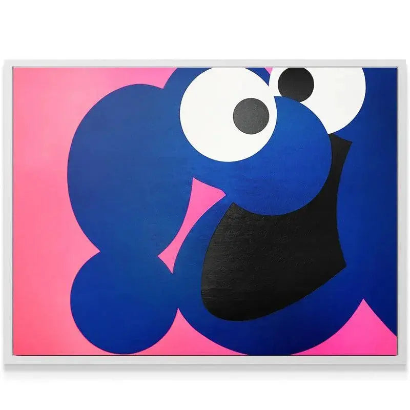 Abstract representation of Cookie Monster's face with large googly eyes and pink background.