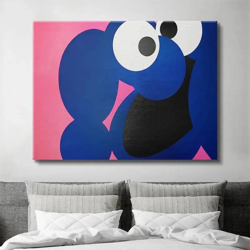 High-angle view showing the depth and sharp contrast of the blue and pink shapes in the Cookie painting.