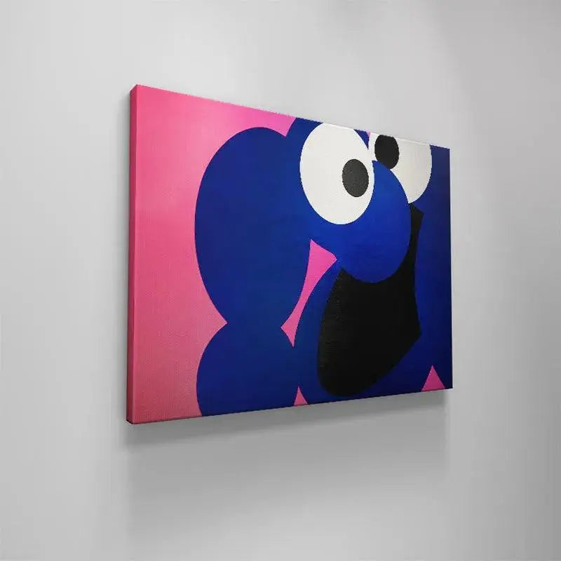 Lifestyle shot of the vibrant 'Cookie' canvas hanging above a minimalist modern sofa.