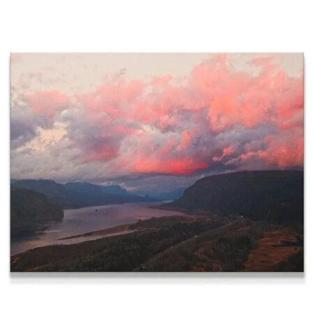 Full view of the panoramic landscape art print showcasing vivid Cotton Candy Clouds over a dark gorge.
