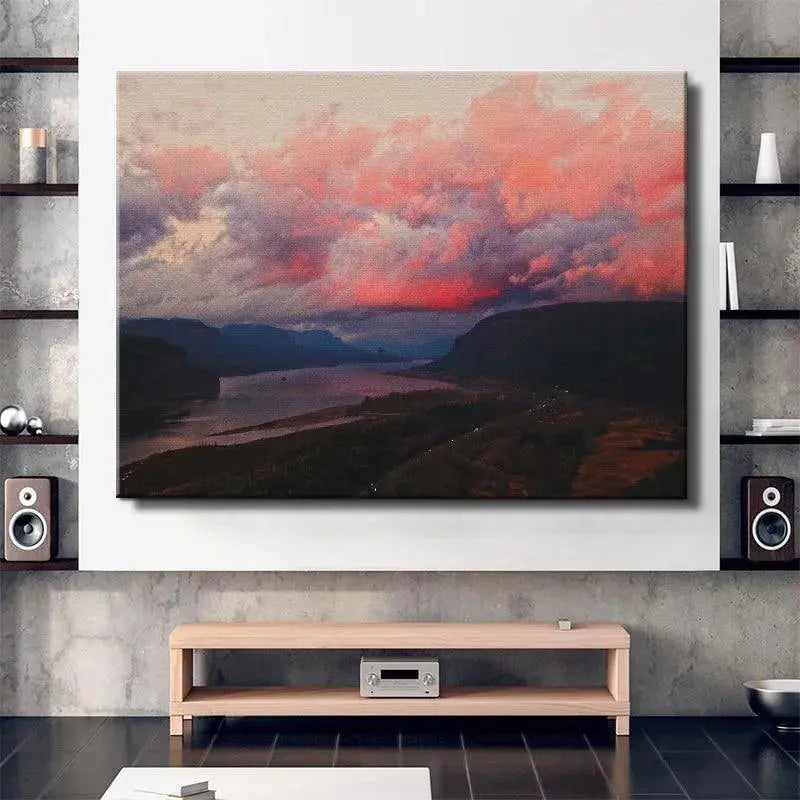 Modern living room ambiance featuring the dramatic natural beauty of the Cotton Candy Clouds canvas print.