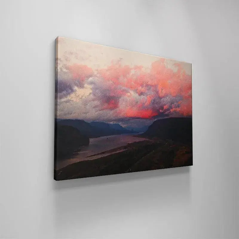 Aerial perspective of the valley and river, highlighted by the glowing light of the Cotton Candy Clouds.