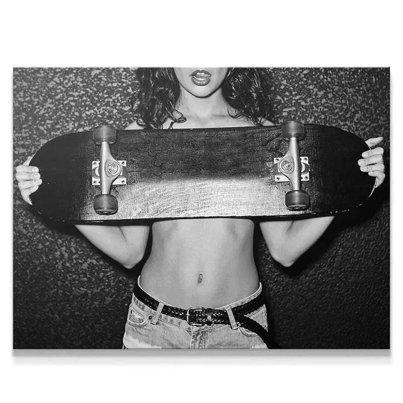 Full shot of woman holding black skateboard titled 'Cover Up' art print.