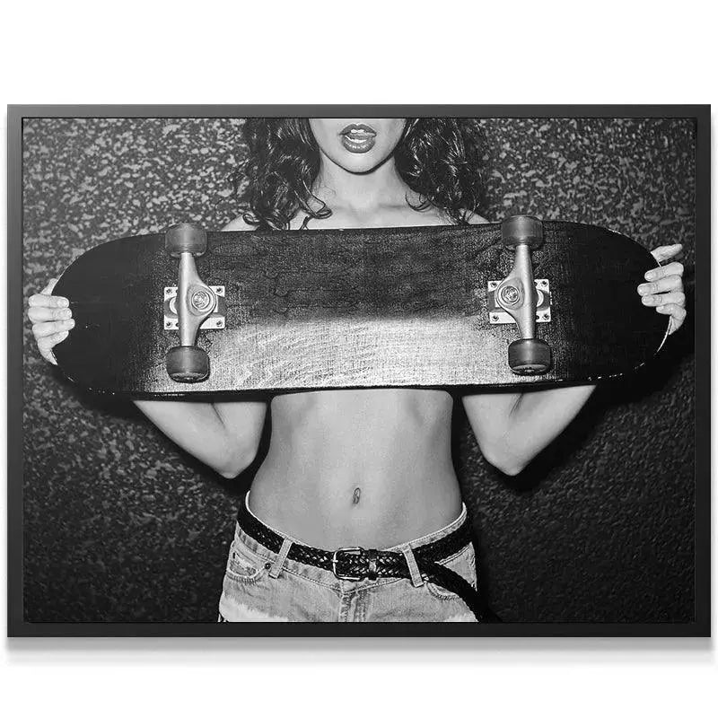 Close-up texture of skateboard grip tape covering woman's chest, defining the 'Cover Up' theme.