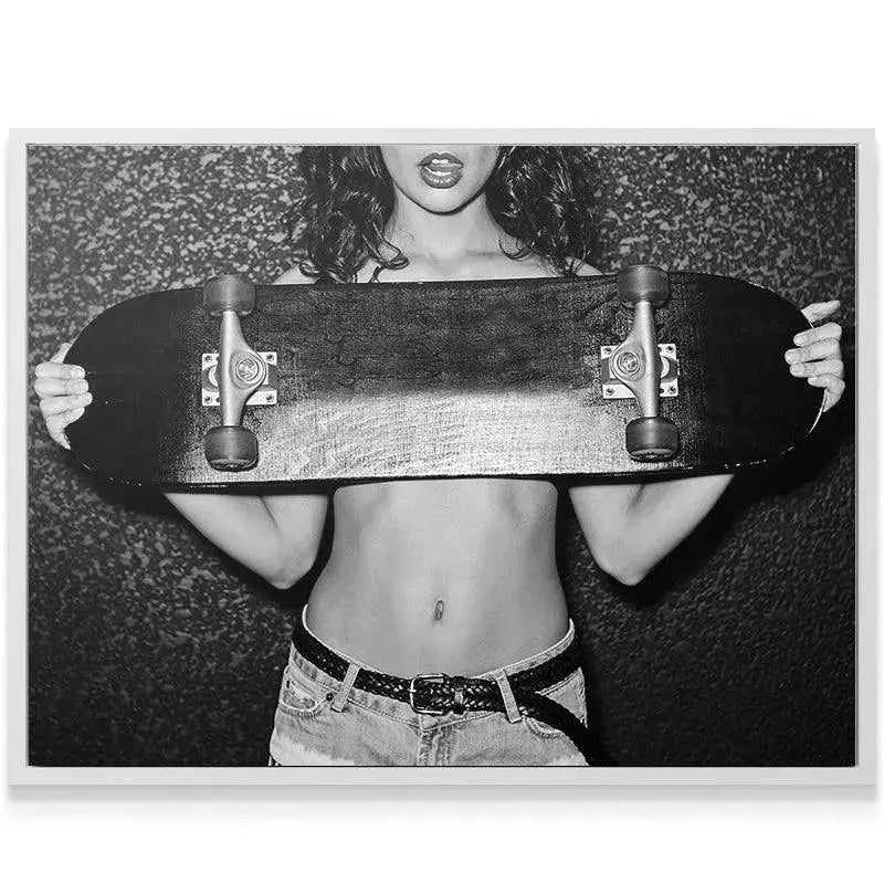 Lifestyle view: Monochromatic wall art featuring the provocative 'Cover Up' skateboard image.