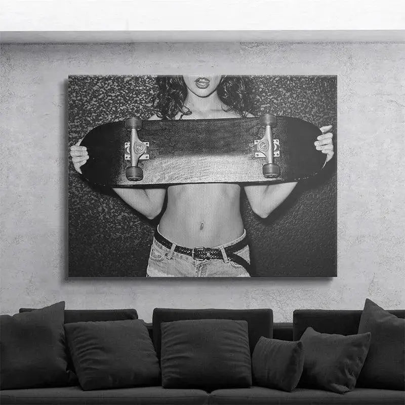 Low angle perspective of the edgy 'Cover Up' photograph highlighting denim shorts and belt.