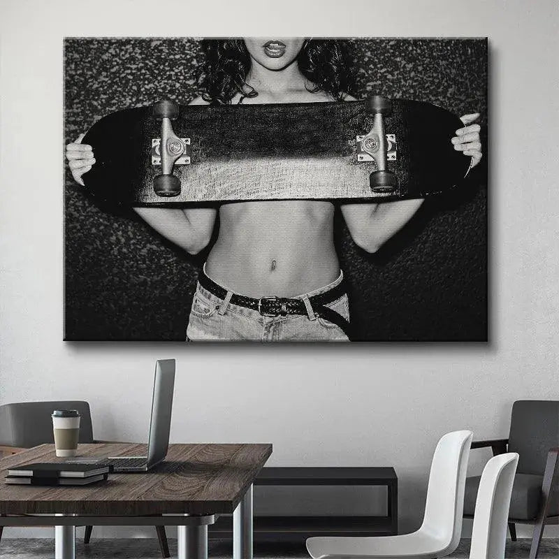 Detail of the skateboard trucks and wheels against the torso in the 'Cover Up' art piece.