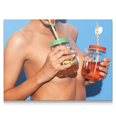 Close-up view of hands holding bright drinks, high saturation, part of "Cover Your Drinks" collection.
