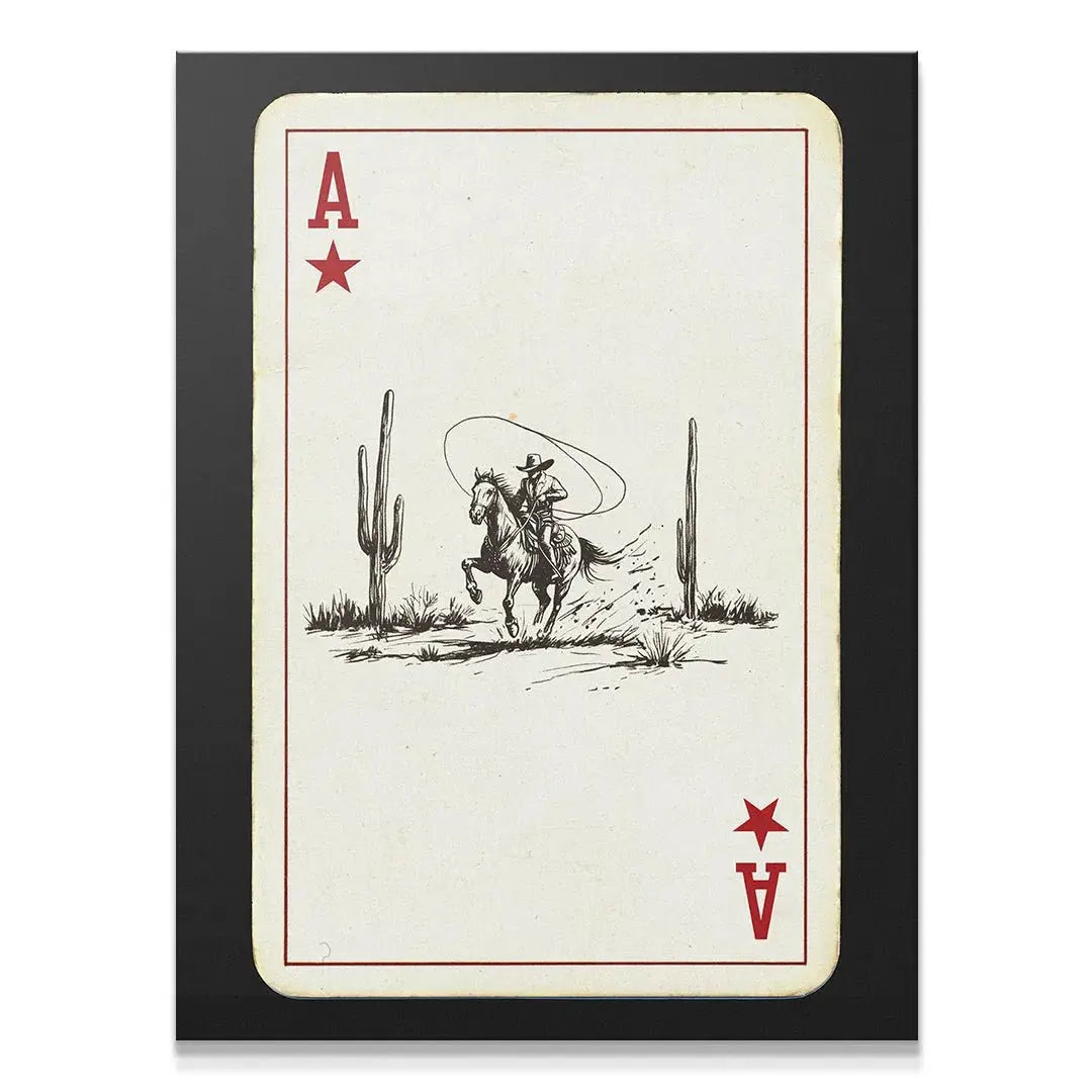 High-contrast Ace Cowboy Playing Card poster featuring black ink illustration on cream background.