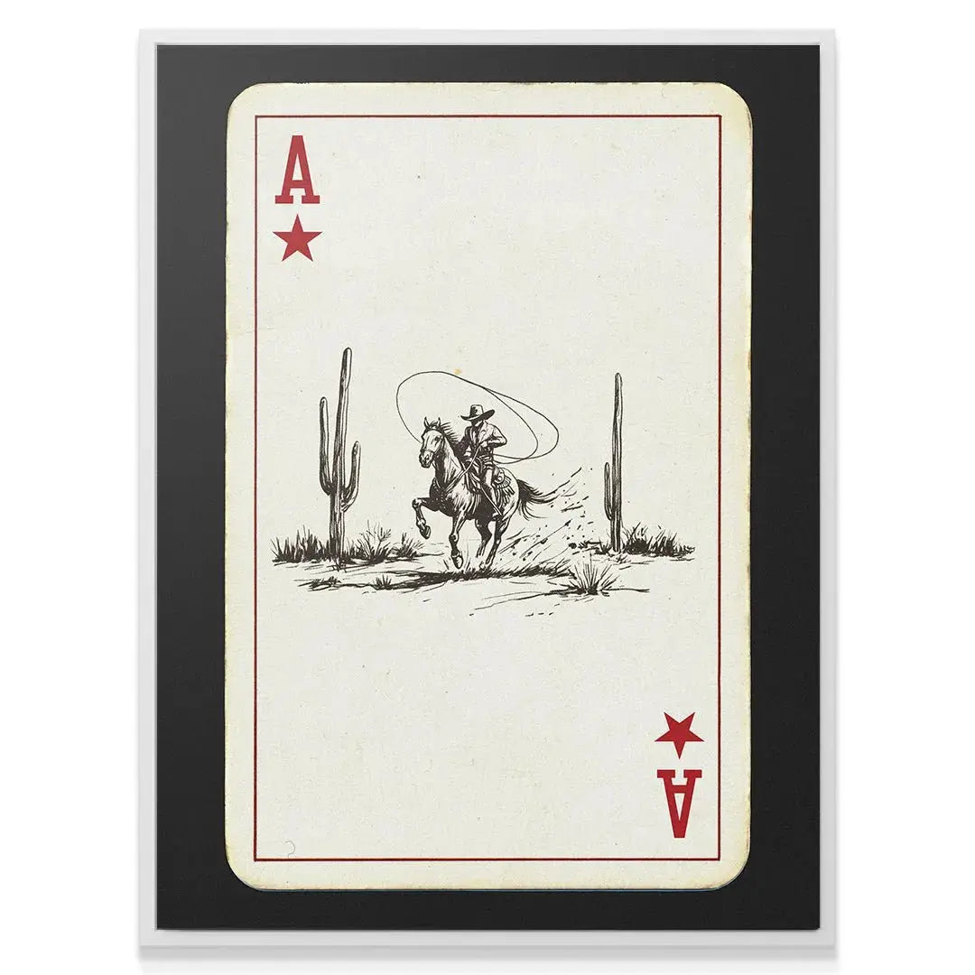 Dynamic illustration of a cowboy galloping on horseback captured on the Cowboy Playing Card print.