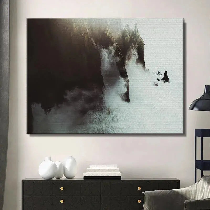 Moody, monochrome-inspired wall art of Crashing Waves hitting dark, jagged sea stacks.
