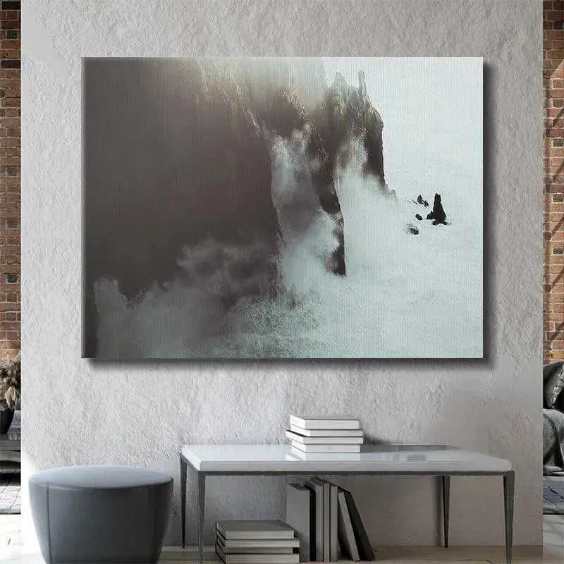 A fine art print depicting the intense energy of Crashing Waves at the base of a towering cliff face.