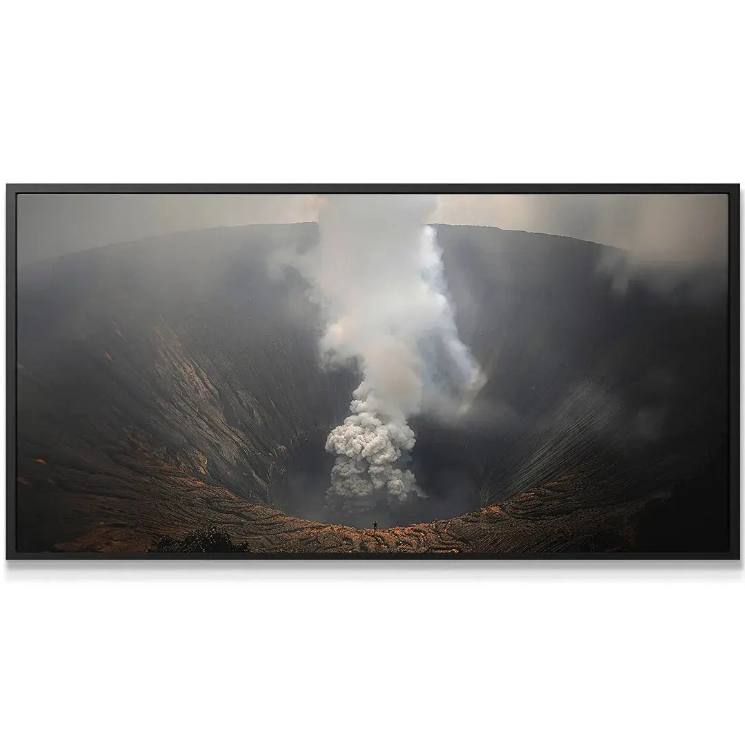 Dramatic gray and white smoke plume rising intensely from the volcano floor in the Crater Edge artwork.