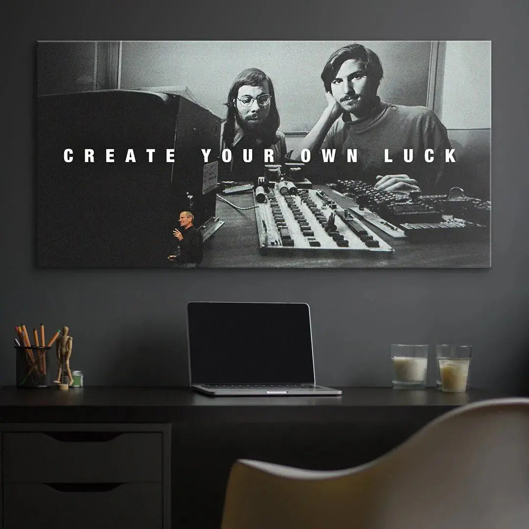 Detailed texture view of the canvas surface showing the monochromatic tones and print quality: Create Your Own Luck.
