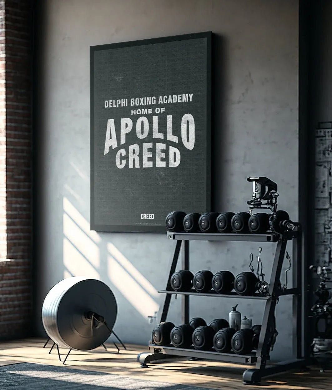 Lifestyle photo of the 'Creed - Apollo Creed' artwork hanging in a modern home gym setup for scale.