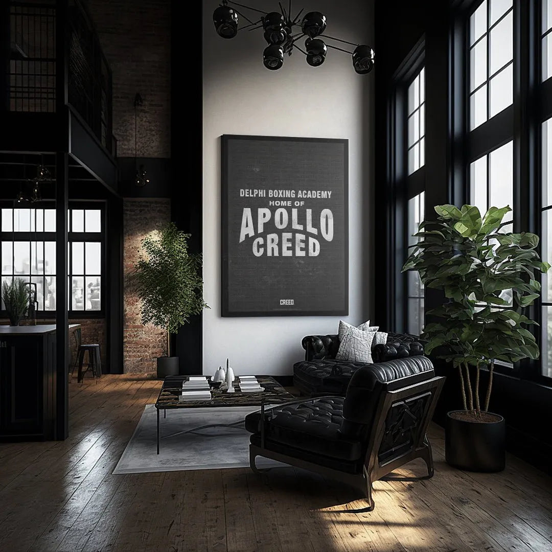 Macro view highlighting the crisp white 'APOLLO CREED' lettering on the dark graphic design.