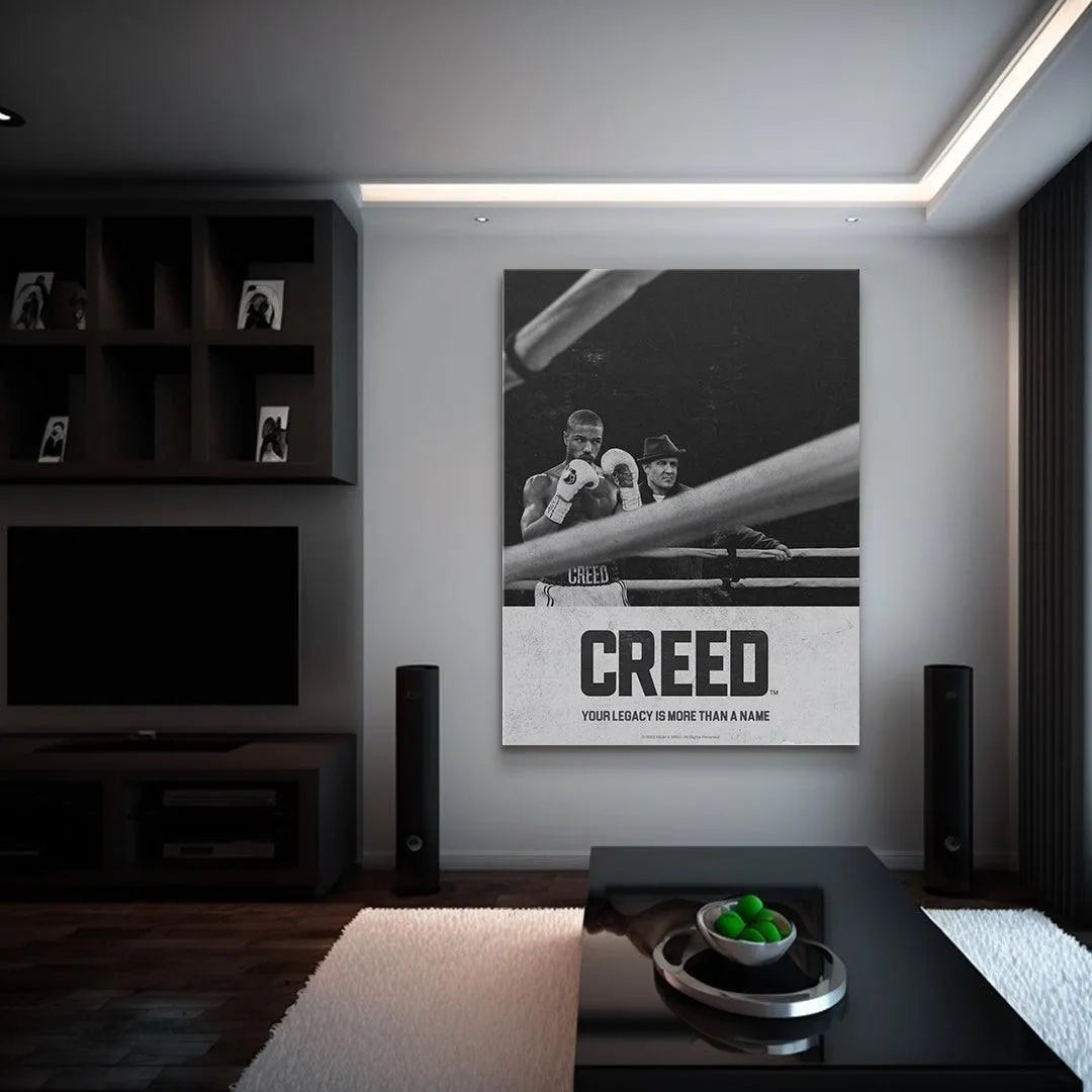 Lifestyle view of the dramatic black and white 'Creed - Corner' poster displayed in a home theater.