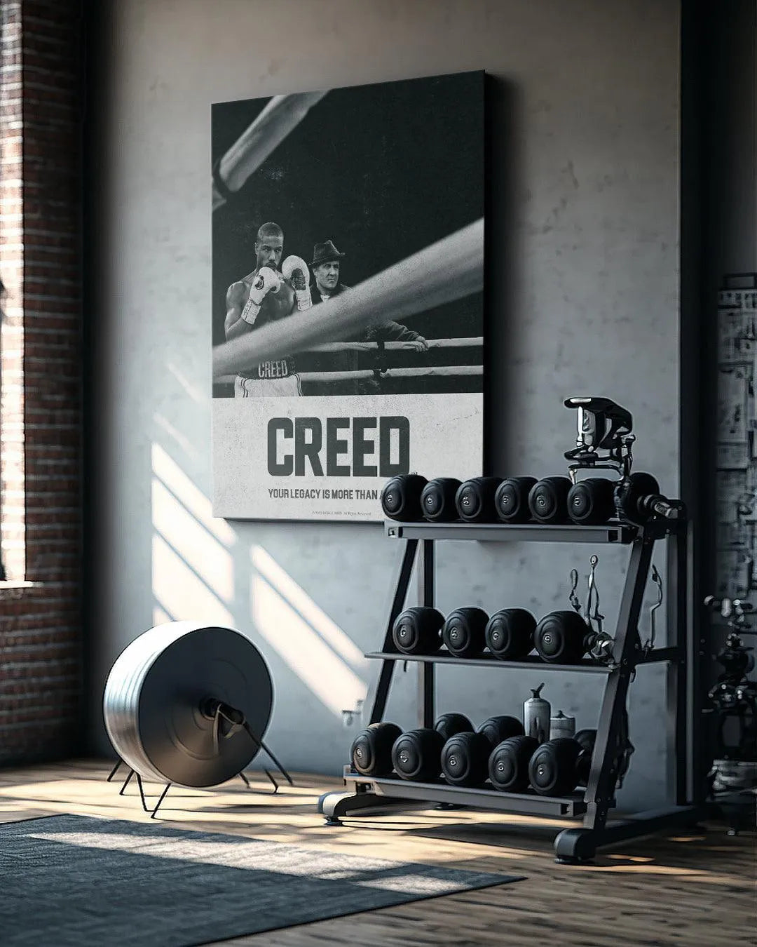 Adonis Creed wearing boxing gloves, framed by ring ropes, featured in the 'Creed - Corner' artwork.