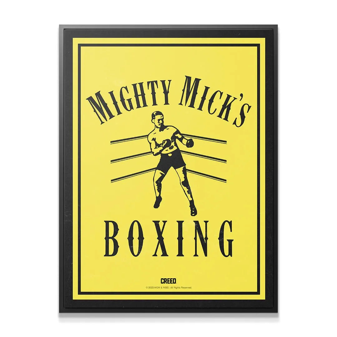 Close-up texture of the yellow background print on the Creed - Mighty Micks Boxing poster.